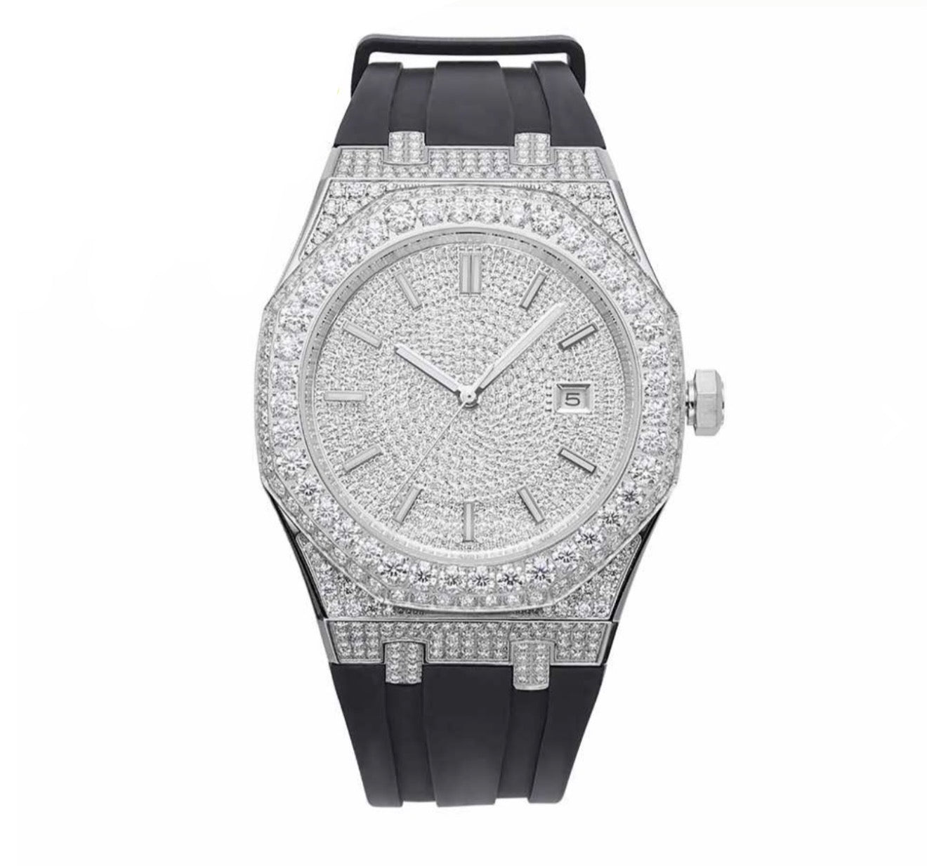 Silicone Band | Iced Out Bust Down | White Gold | 41MM