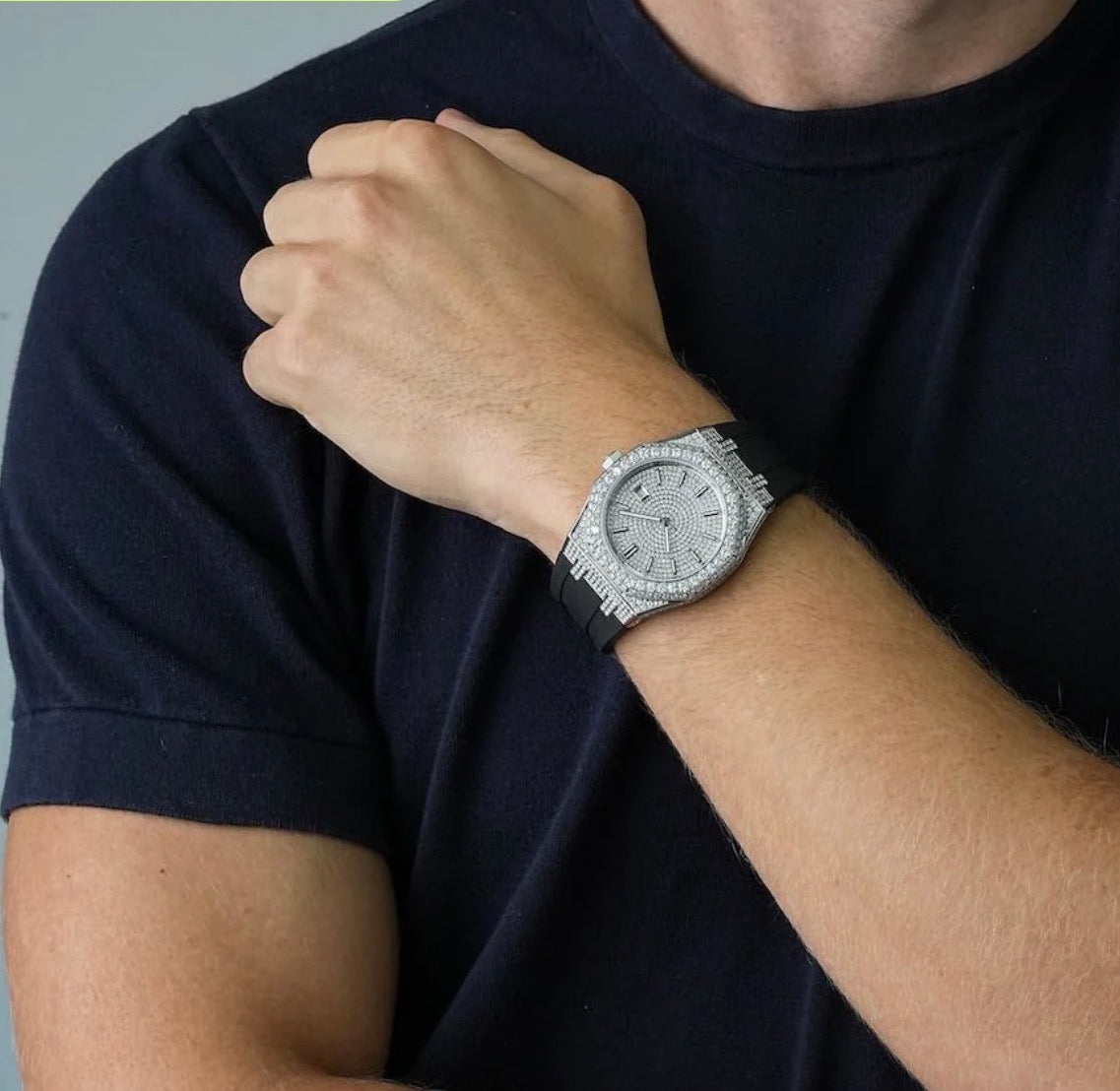Silicone Band | Iced Out Bust Down | White Gold | 41MM