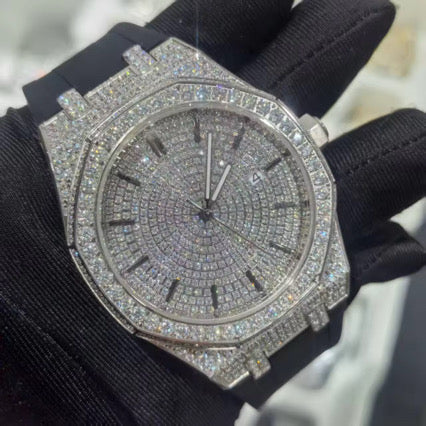 Silicone Band | Iced Out Bust Down | White Gold | 41MM